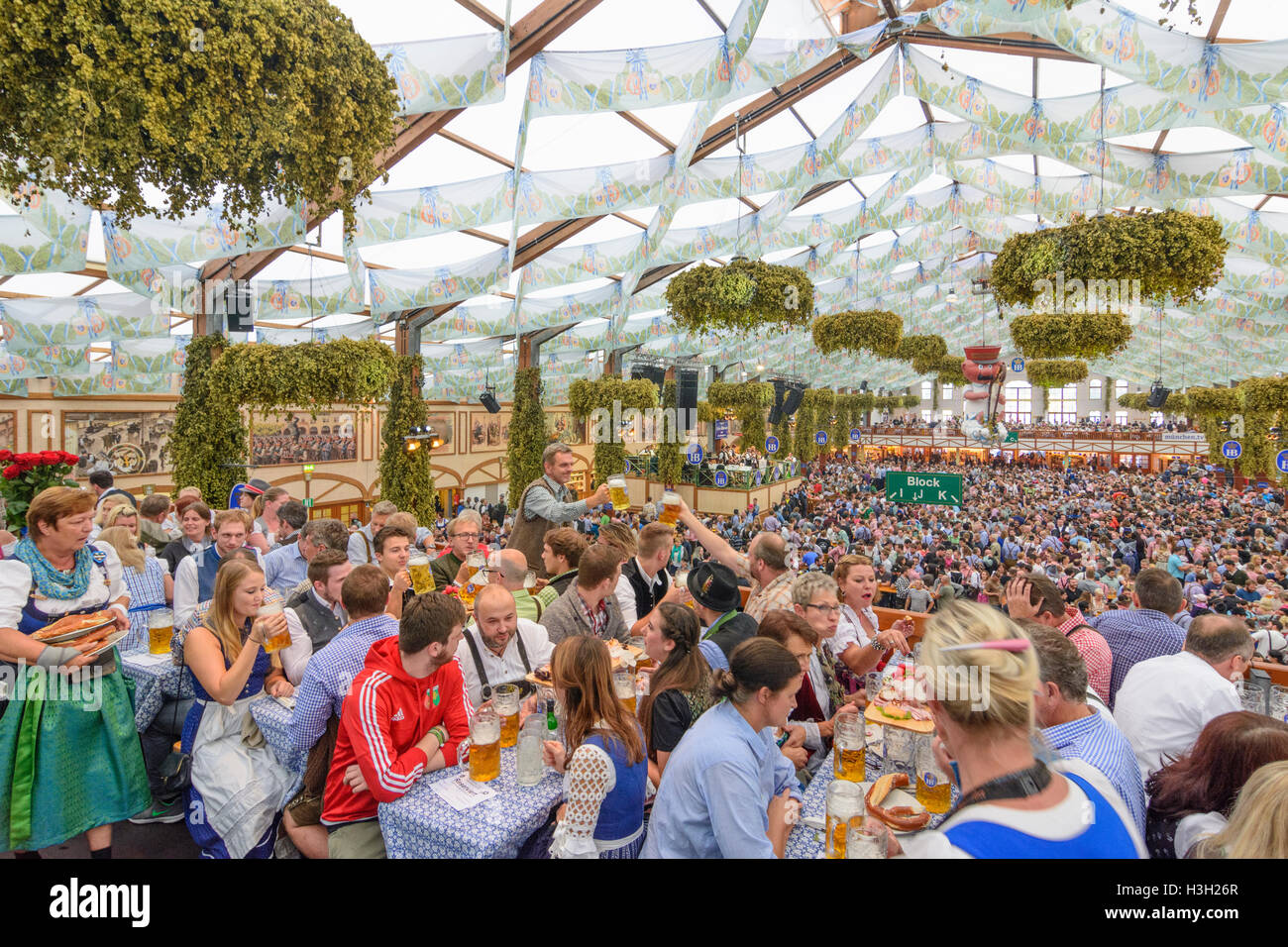 München, Munich: Oktoberfest beer festival: Hofbräuhaus Brewery tent, guests, Oberbayern, Upper Bavaria, Bayern, Bavaria, German Stock Photo