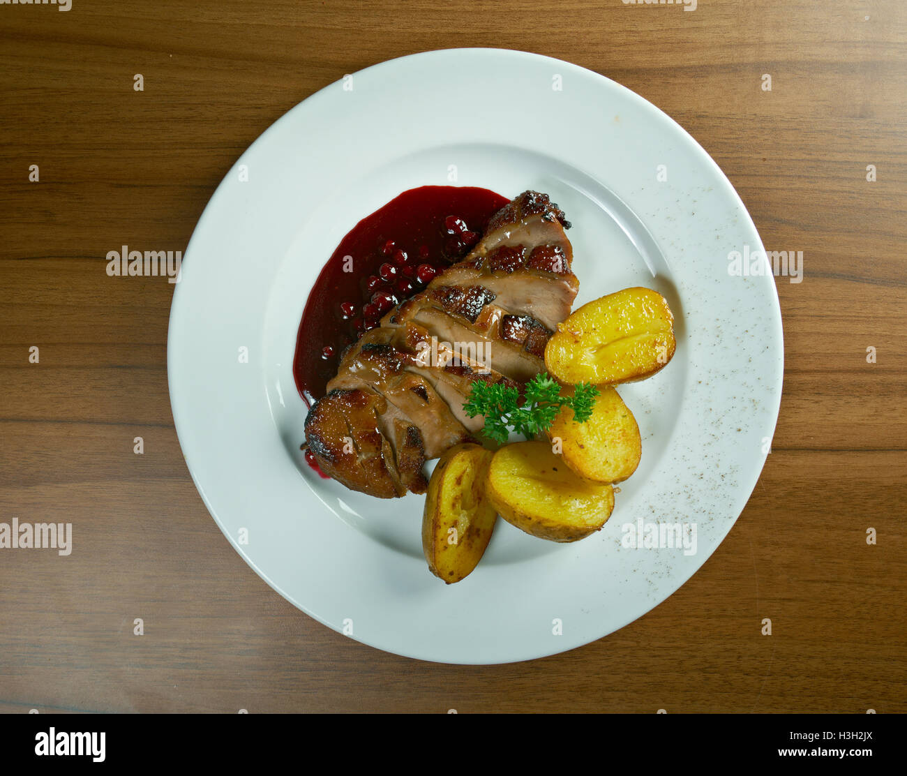 roast duck with potatoes.close up Stock Photo