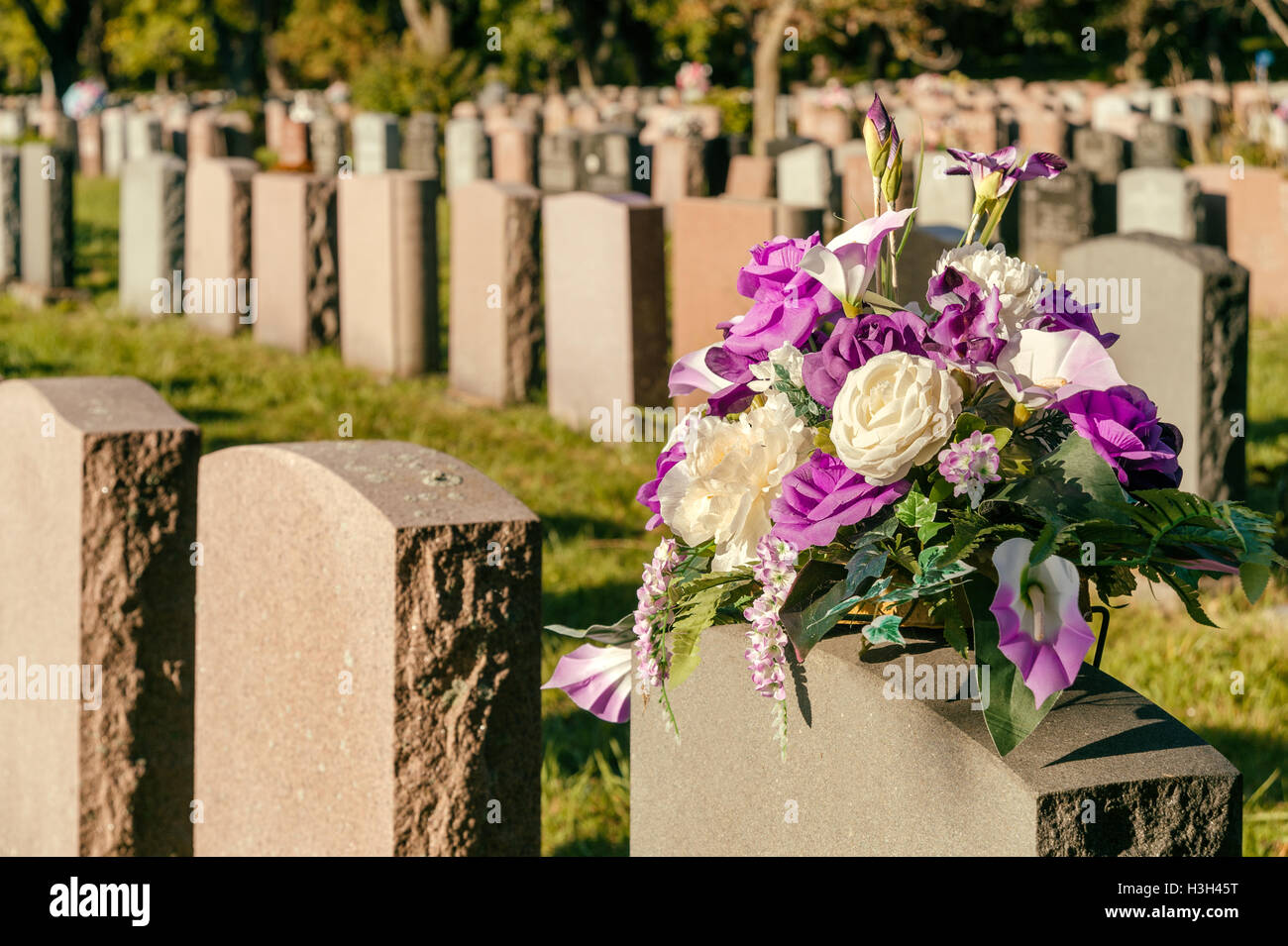 Flowers in a cemetery with headstones in the background at sunset Stock Photo