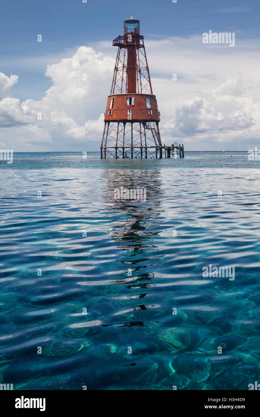 The oldest of Florida's 6 reef lights, Carysfort Light sits in shimmering shallows 7 miles off Key Largo, Florida. Stock Photo