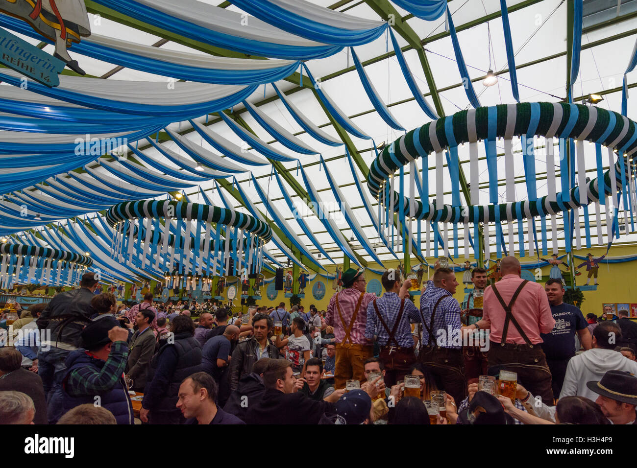 München, Munich: Oktoberfest beer festival: Ochsenbraterei tent, guests, Oberbayern, Upper Bavaria, Bayern, Bavaria, Germany Stock Photo