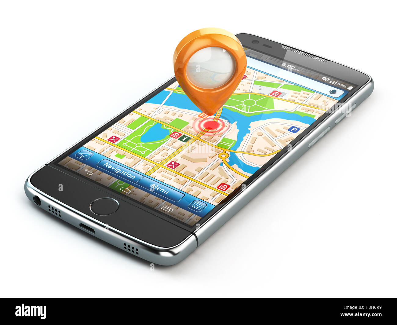 Mobile GPS navigation travel concept. Smartphone with pin on city map ...