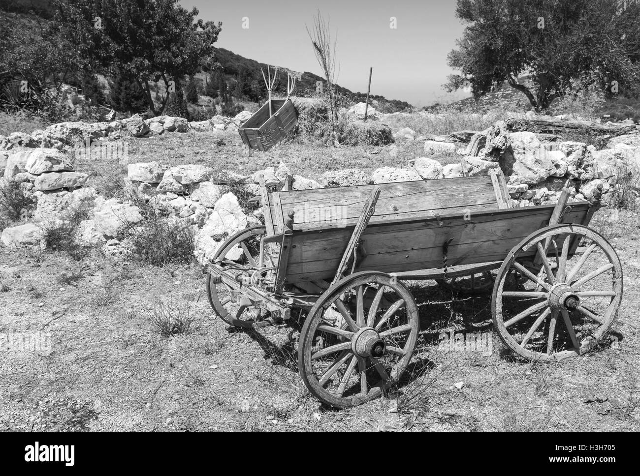 Empty old rural wooden wagon, black and white photo Stock Photo