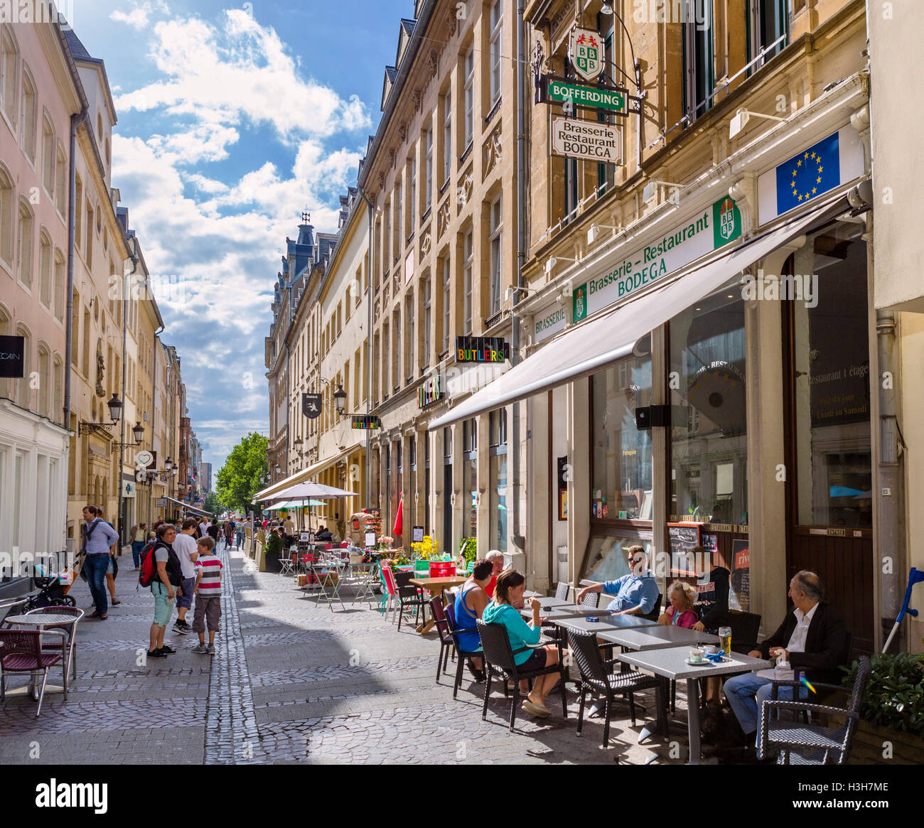 Cafes on Rue du Cure in the old town (La Vieille Ville), Luxembourg city, Luxembourg Stock Photo