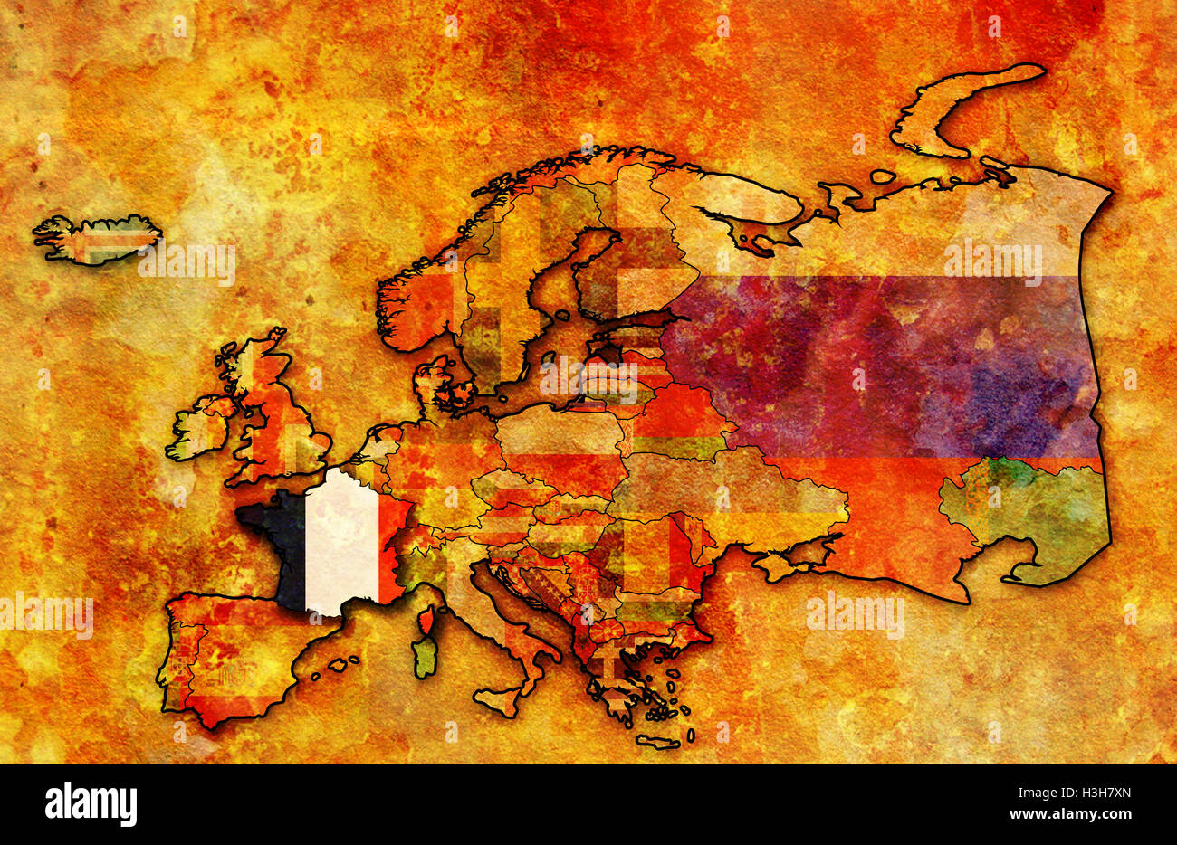 some very old grunge map of france with flag on map of europe Stock ...