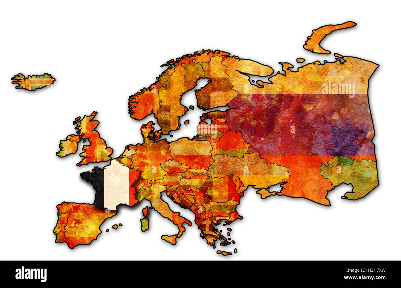 some very old grunge map of france with flag on map of europe Stock ...