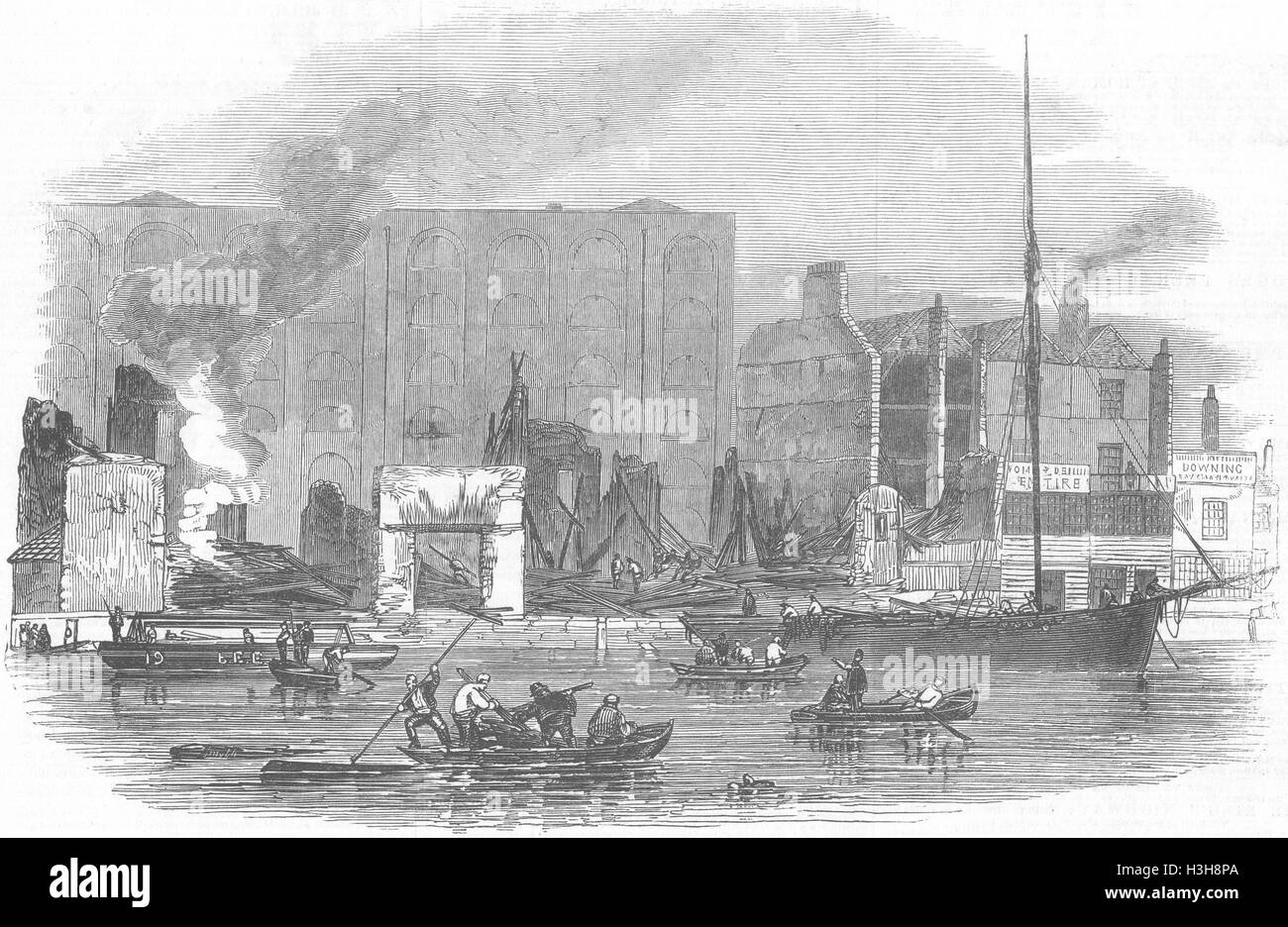 LONDON Ruins of Irongate Wharf, after fire 1847. Illustrated London