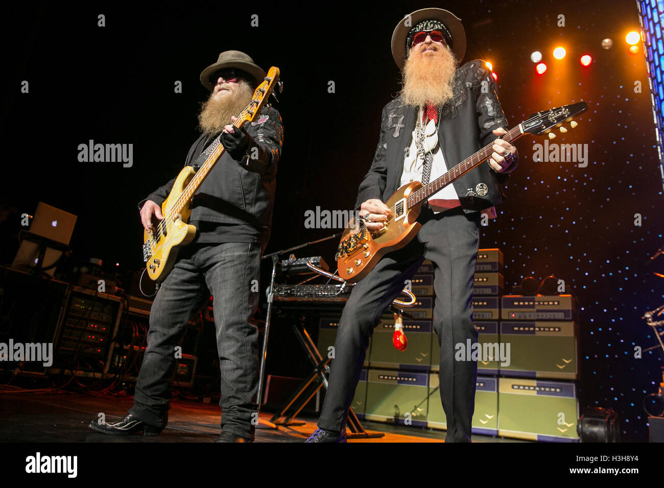(L-R) Musicians Dusty Hill and Billy Gibbons of ZZ Top perfom at the Warfield Theater on October 2, 2016 in San Francisco, California. Stock Photo