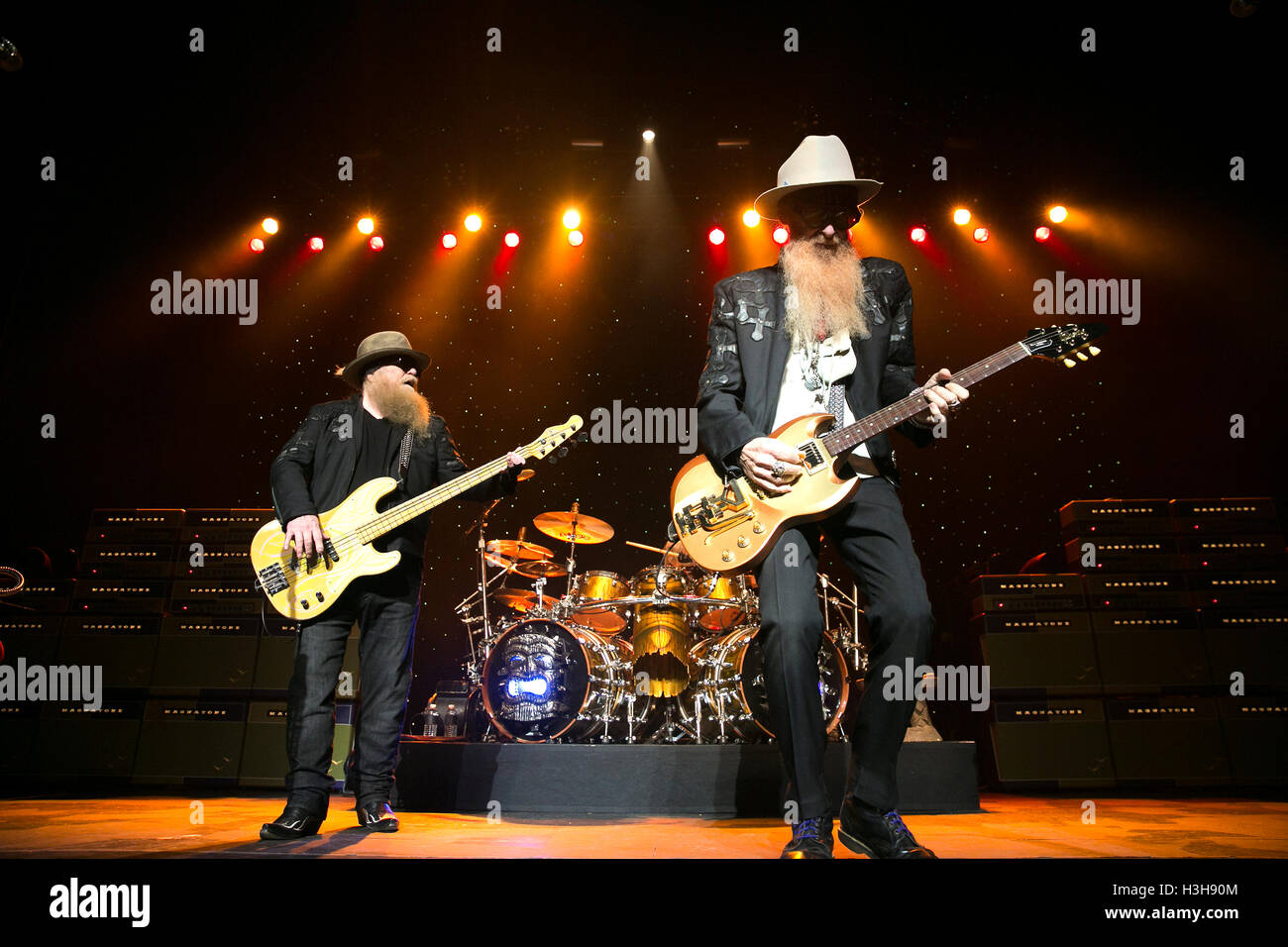 (L-R) Musicians Dusty Hill and Billy Gibbons of ZZ Top perfom at the Warfield Theater on October 2, 2016 in San Francisco, California. Stock Photo