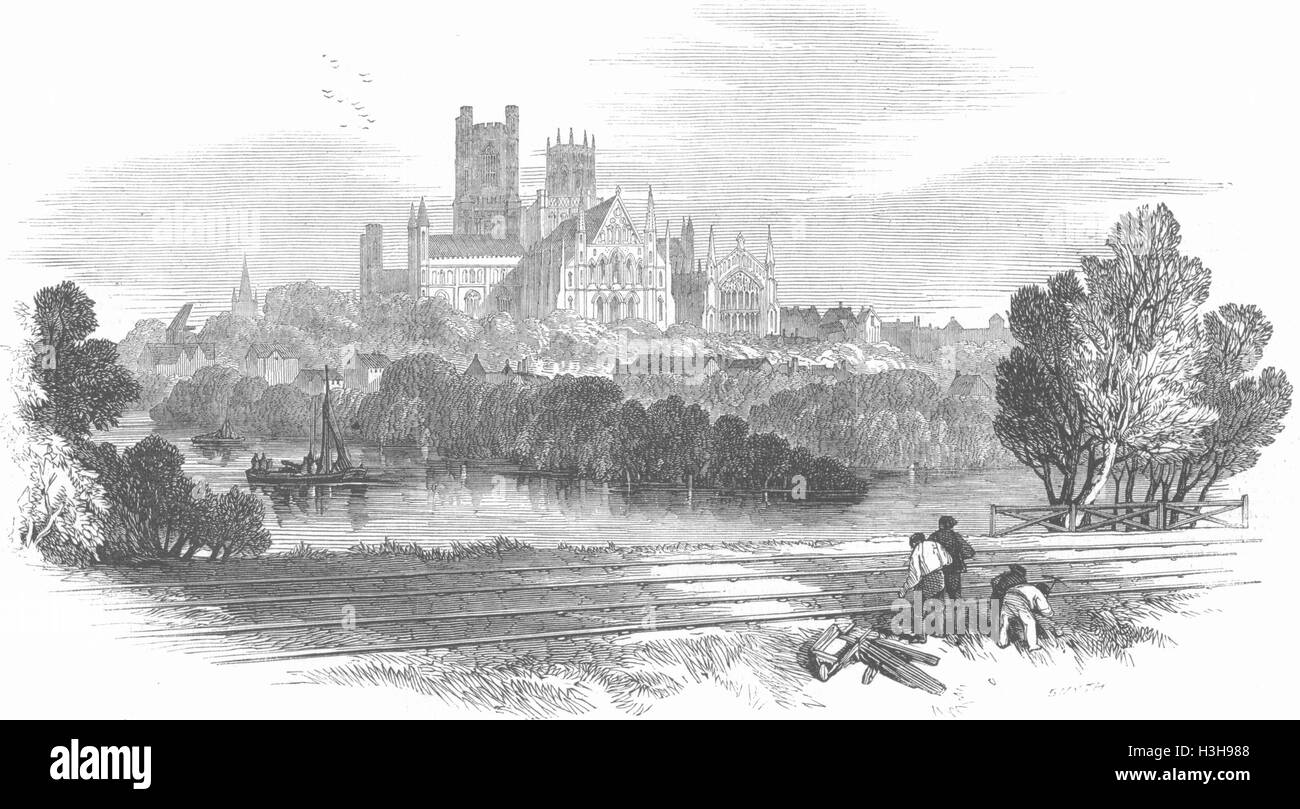 CAMBS East Anglian Railway Ely from railway 1847. Illustrated London