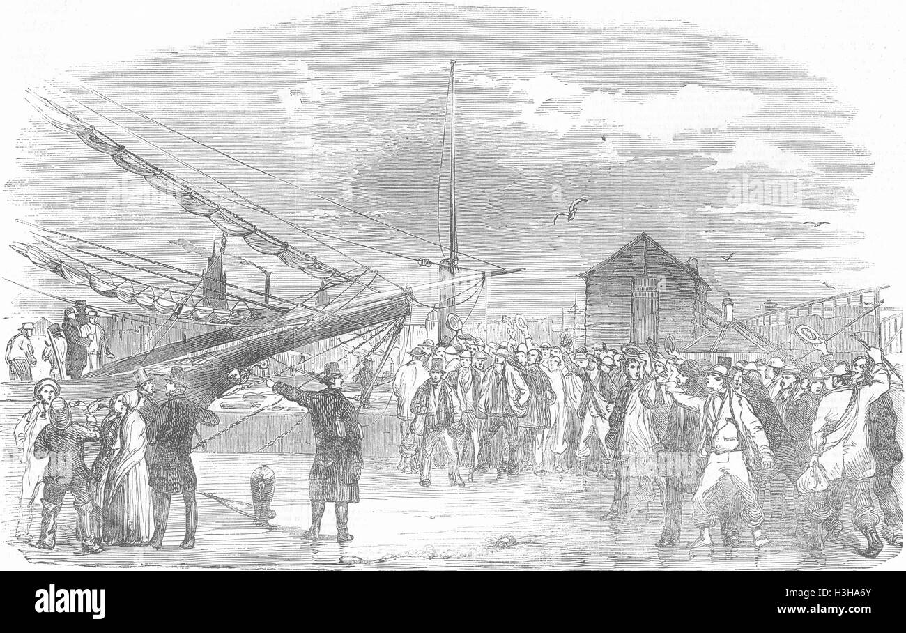 CHESHIRE Navvies boarding, Birkenhead Docks 1854. Illustrated London News Stock Photo