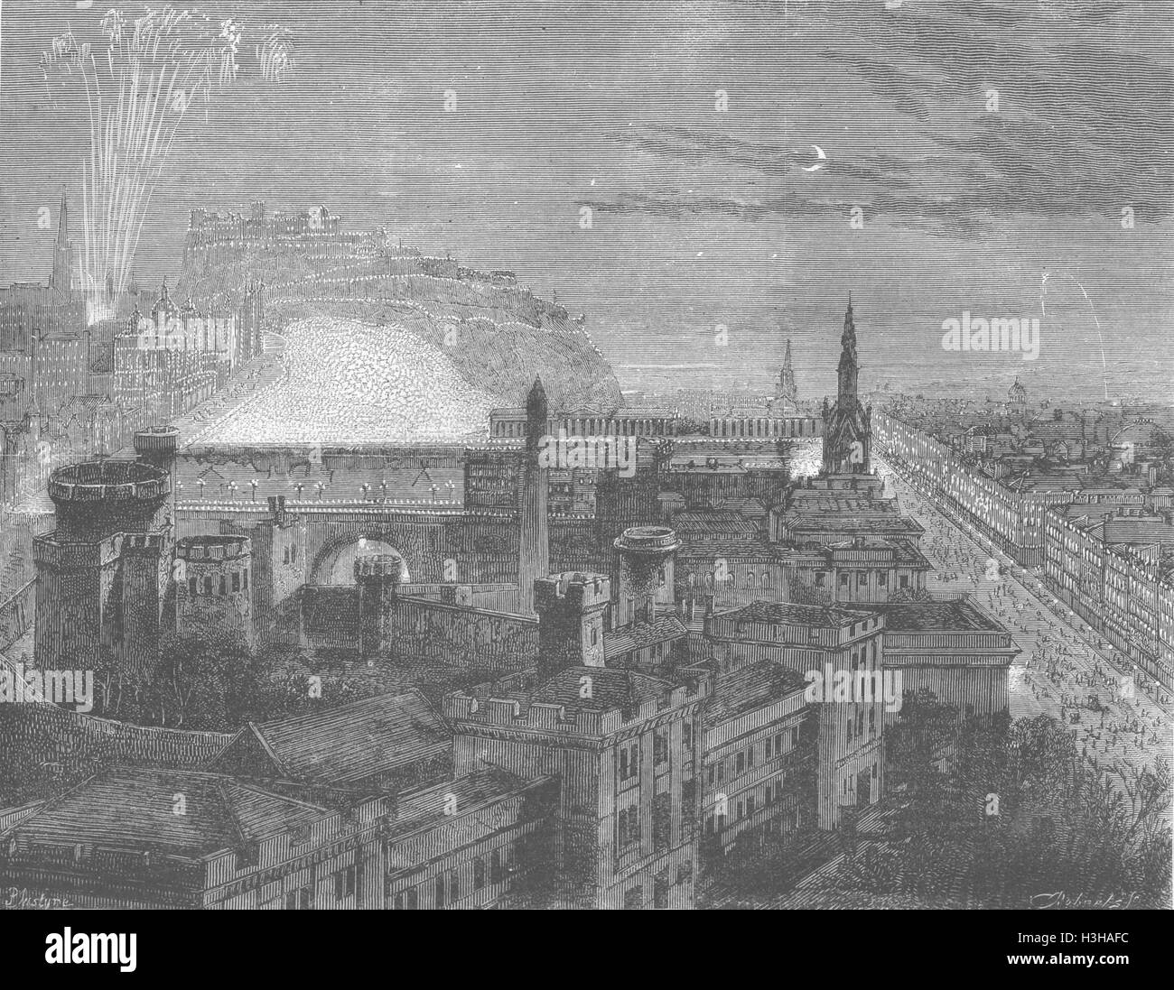 SCOTLAND Edinburgh lit up - viewed from Calton Hill 1874. The Graphic Stock Photo