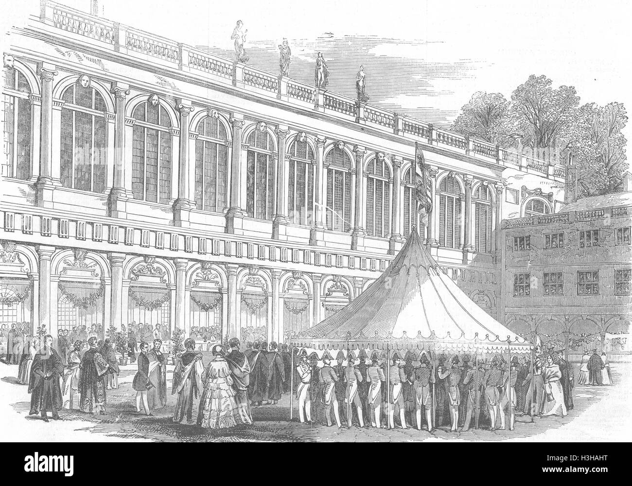 CAMBS breakfast below cloisters of Neville's-Ct 1847. Illustrated London News Stock Photo