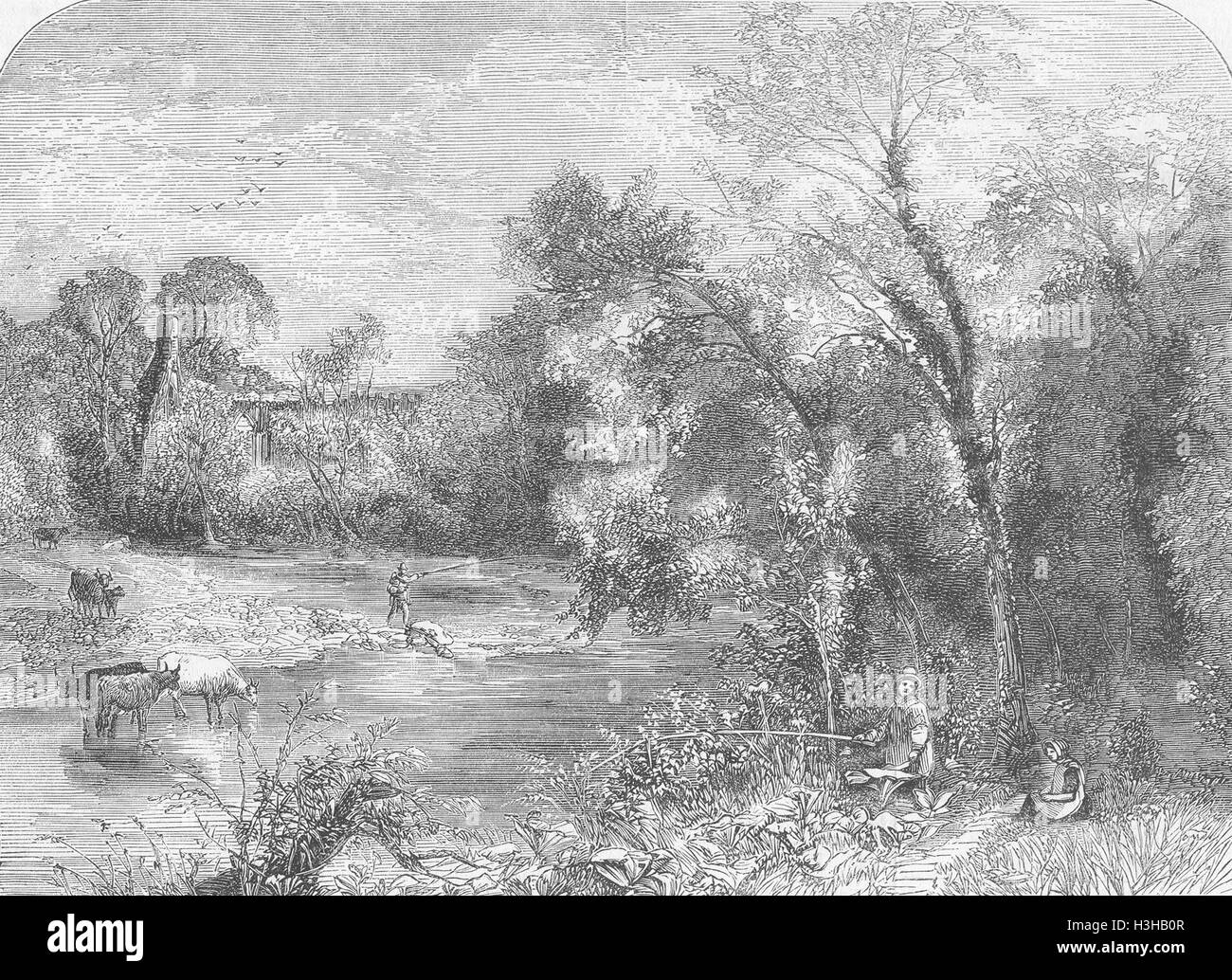 BOLTON River Wharfe, below Abbey, Yorks 1859. Illustrated News of the World Stock Photo