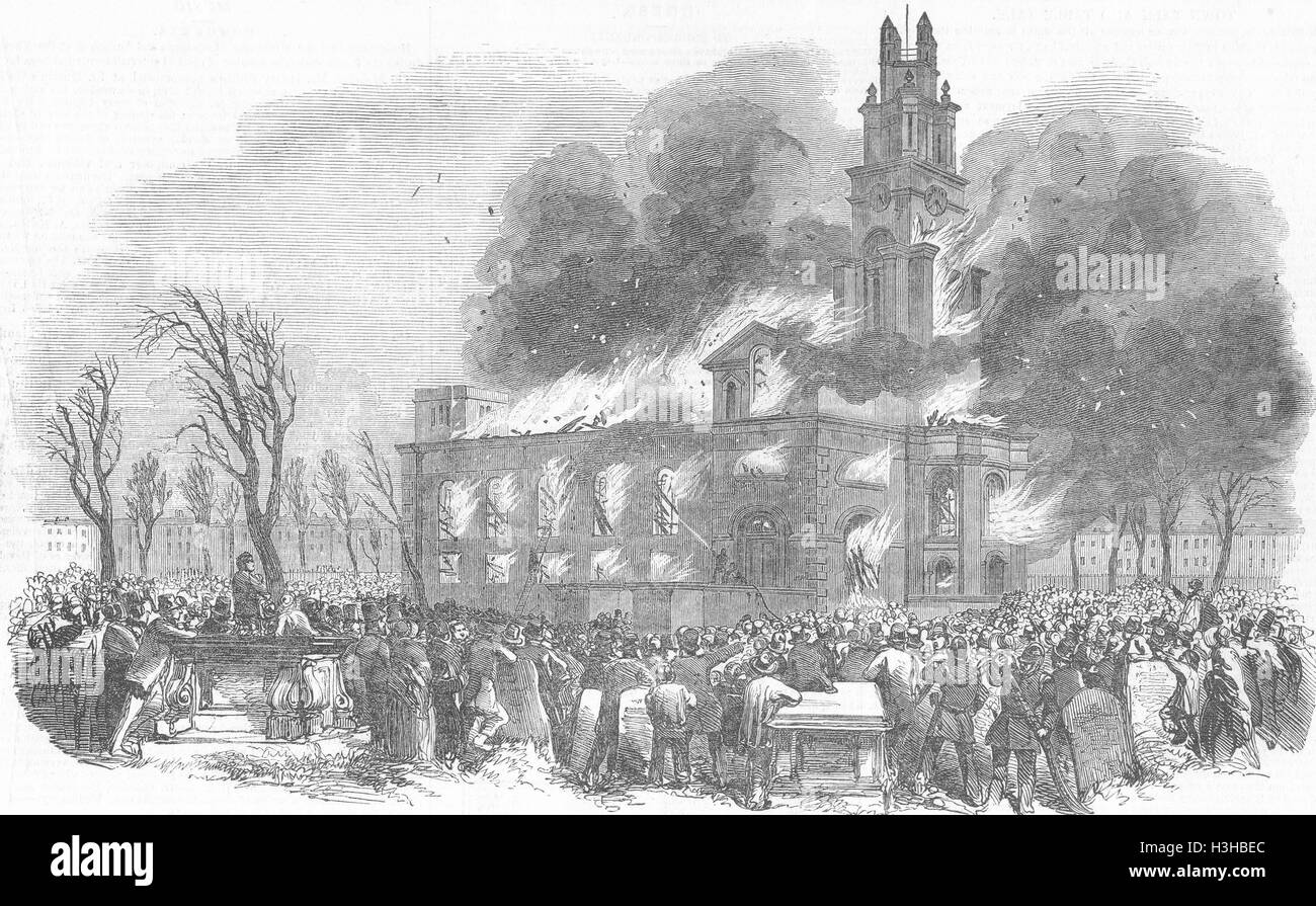 LIMEHOUSE Ablaze of St Anne's Church, good morning 1850. Illustrated London News Stock Photo