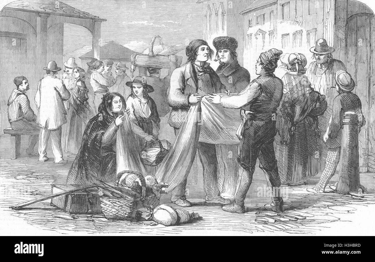 CANADA Montreal Market Habitans purchasing cloth 1859. Illustrated London News Stock Photo