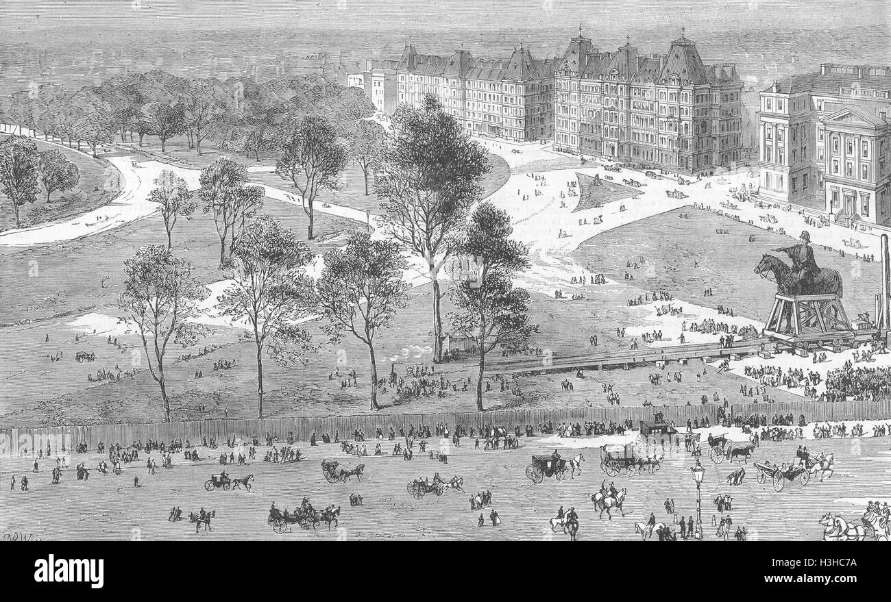 HYDE PARK CORNER Duke of Wellington statue moved 1883. The Graphic