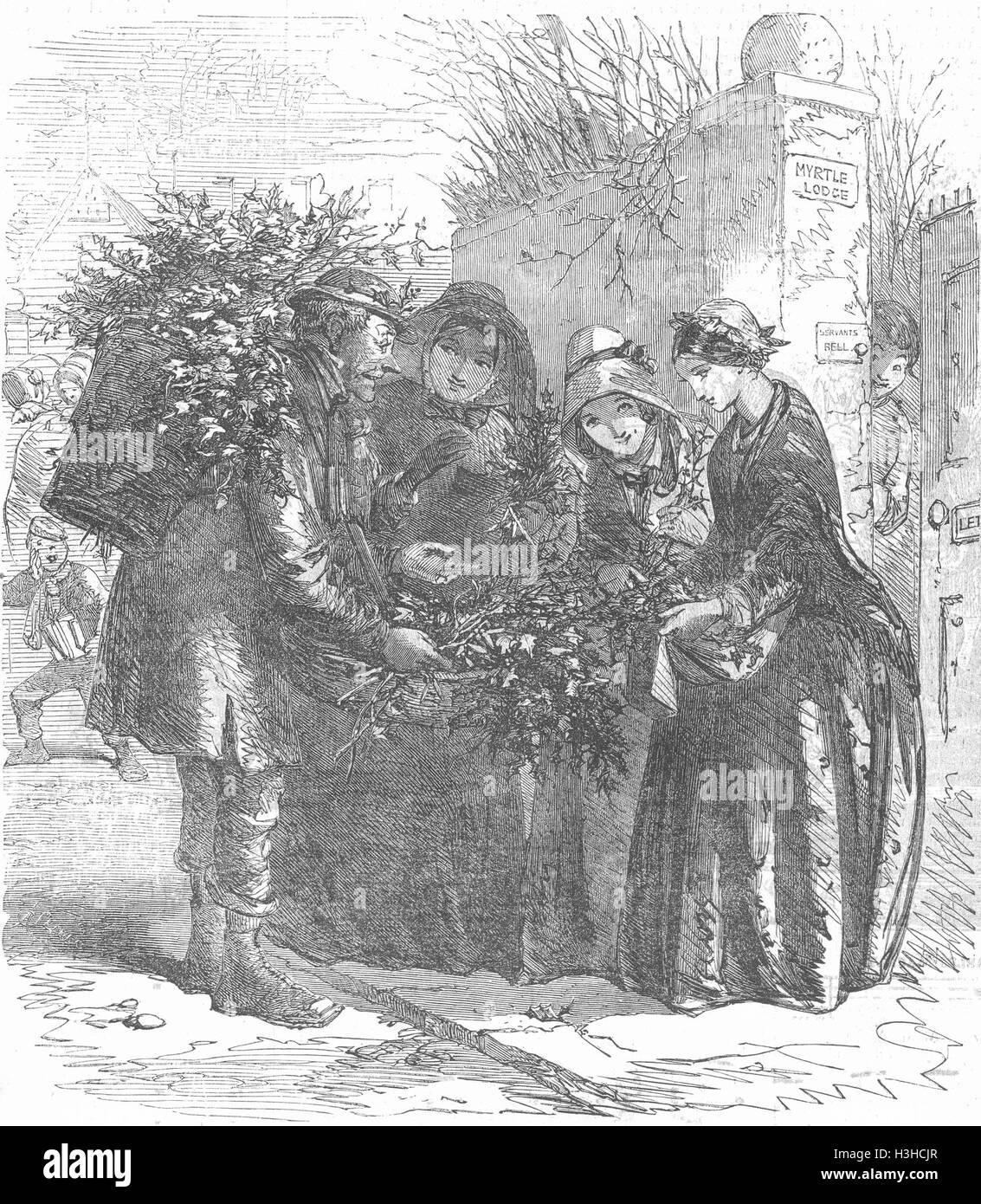 CHRISTMAS The mistletoe-seller 1853. Illustrated London News Stock Photo