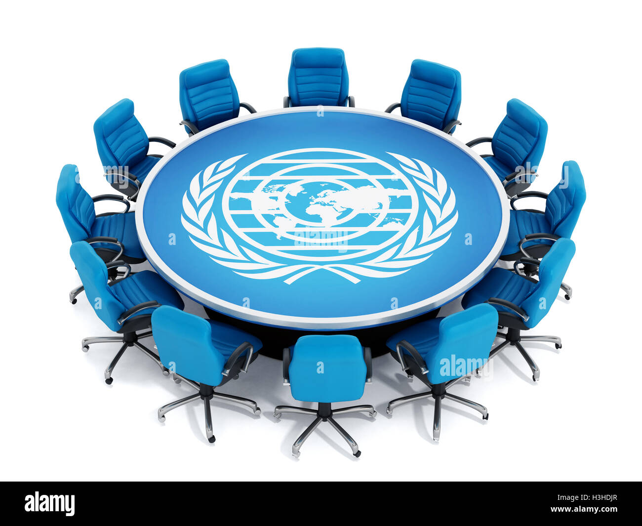 Blue chairs around round table with world and laurels symbol. 3D