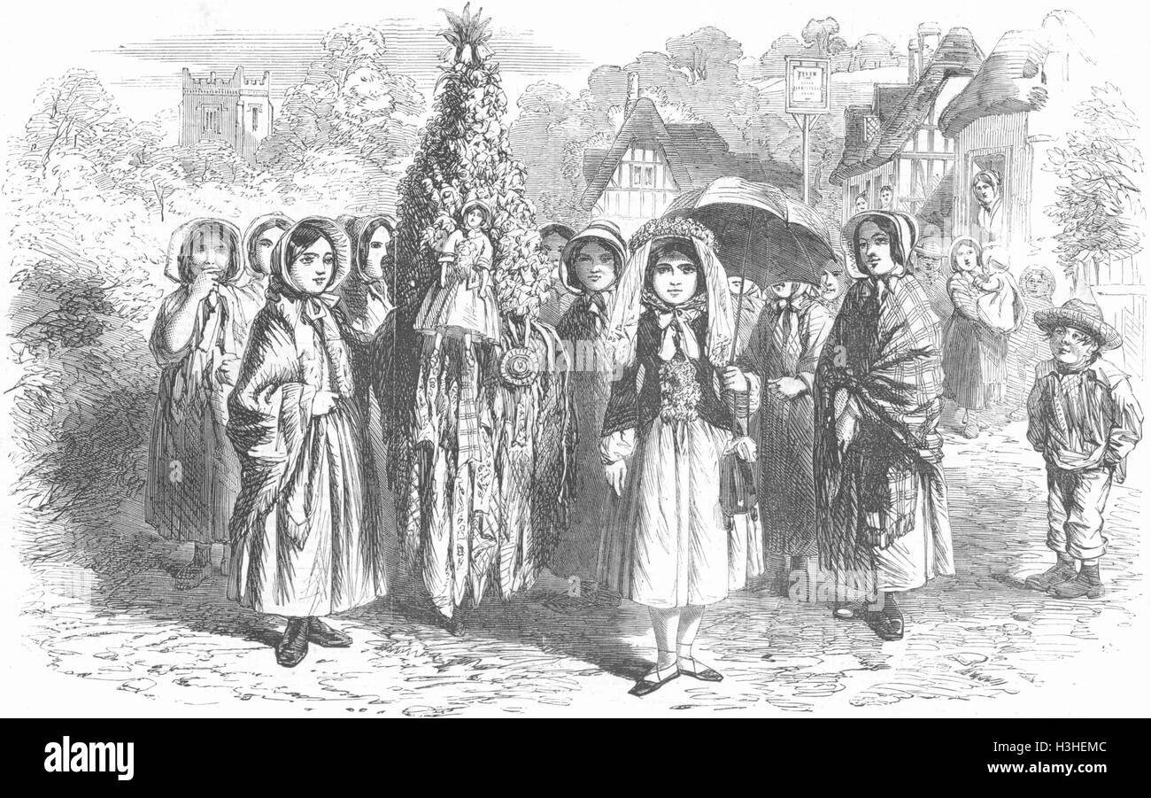 HUNTINGDONSHIRE May Queen & her garland, Glatton 1857. Illustrated London News Stock Photo