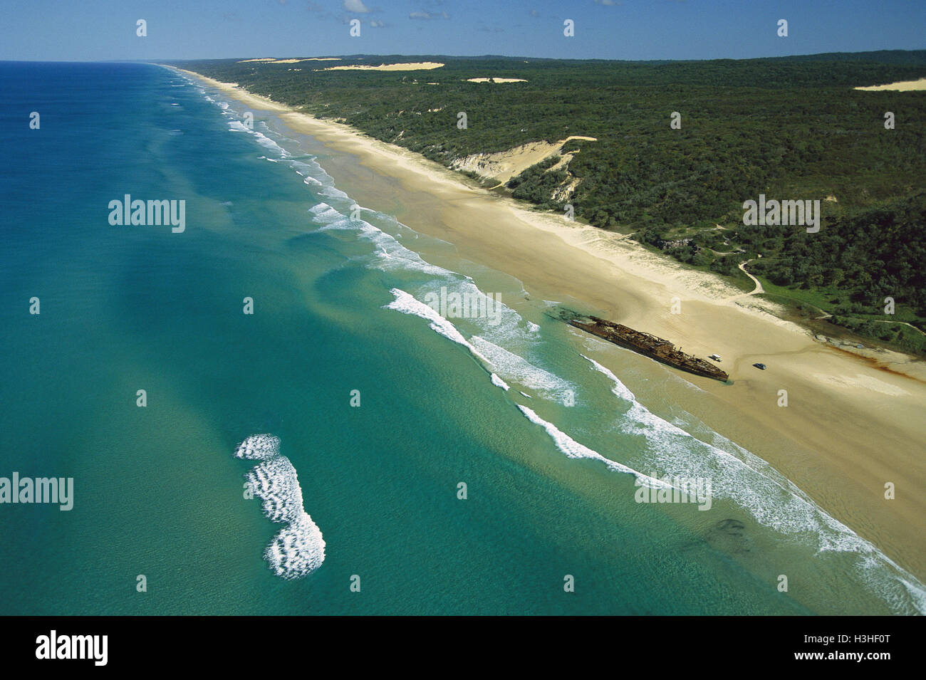 The wreck of the 'Maheno' luxury passenger ship that came to grief in June 1935 The wreck was used for bombing practice during World War II. Stock Photo