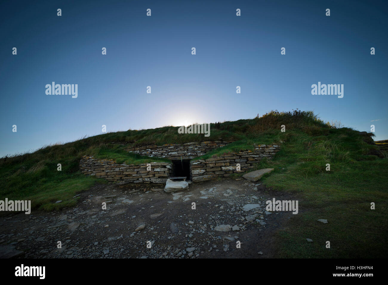 The entrance to The Tomb of the Eagles, a Neolithic chambered Cairn on South Ronaldsay, Orkney, Scotland, UK Stock Photo
