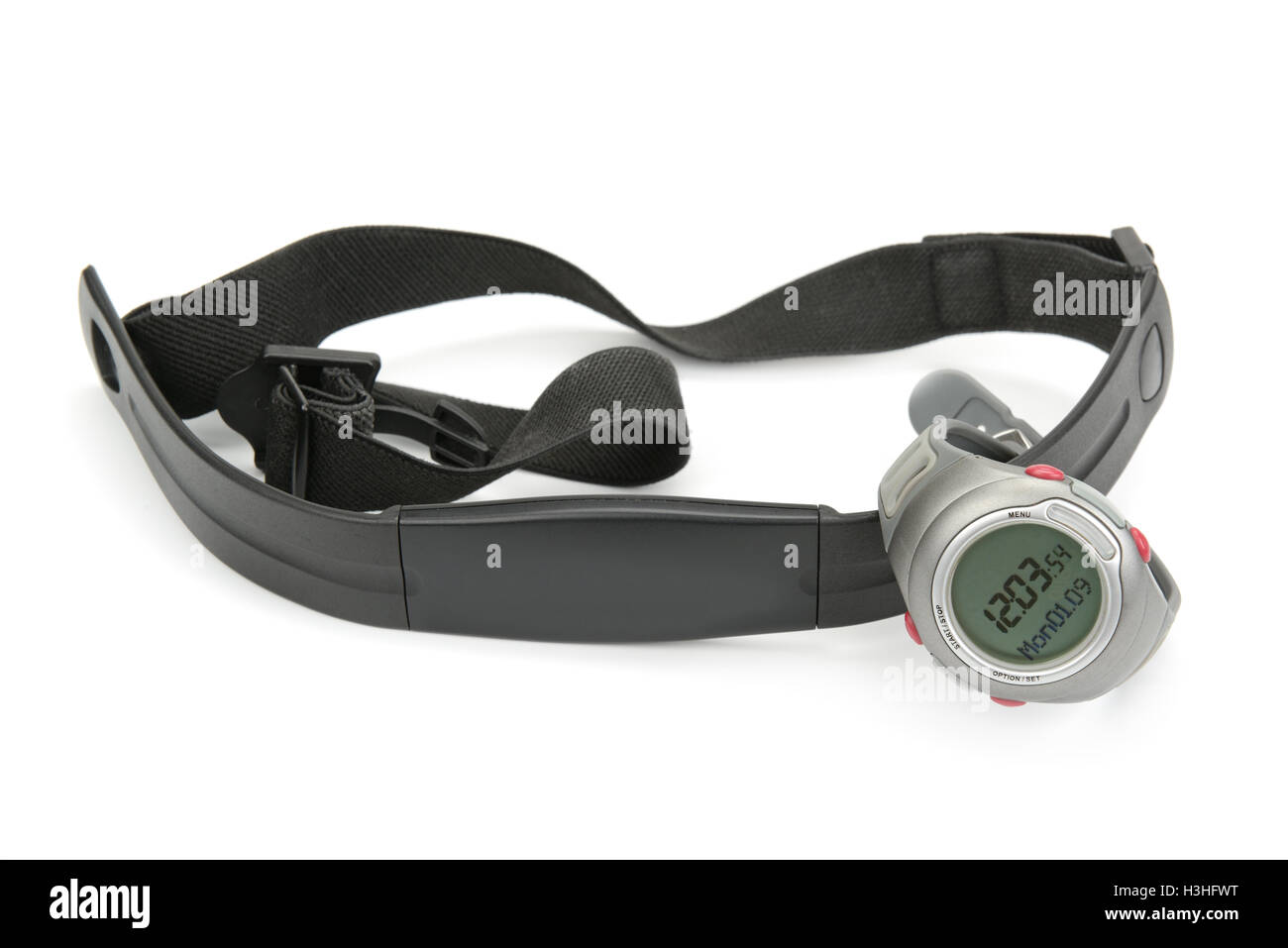 watch and chest strap of heart rate monitor on white Stock Photo