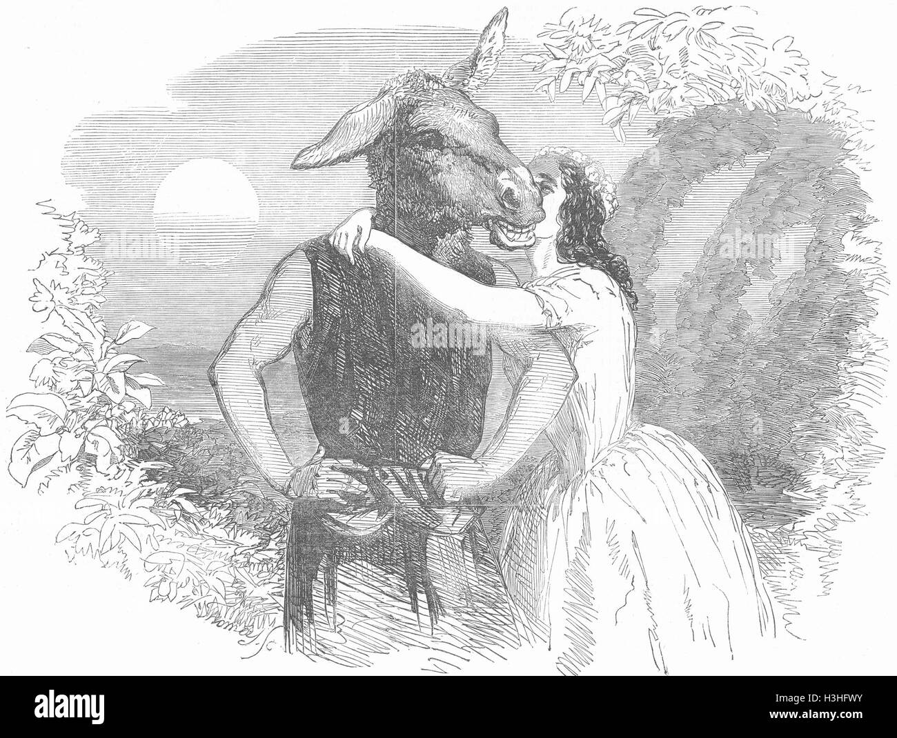 SADLERS WELLS Midsummer night's dream, Phelps as Bottom, Wyatt as Titania 1853. Illustrated London News Stock Photo