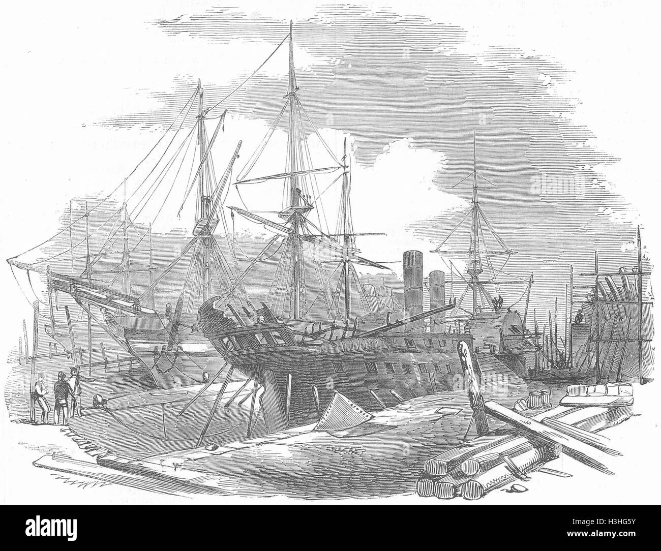 BLACKWALL Indus Ship, fire damaged, Wigram dry dock 1852. Illustrated London News Stock Photo