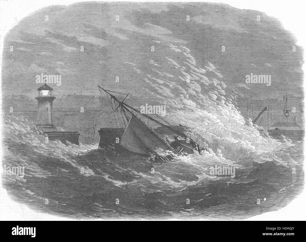 KENT Wreck of fishing-smack, pier Ramsgate Harbour 1867. Illustrated London News Stock Photo