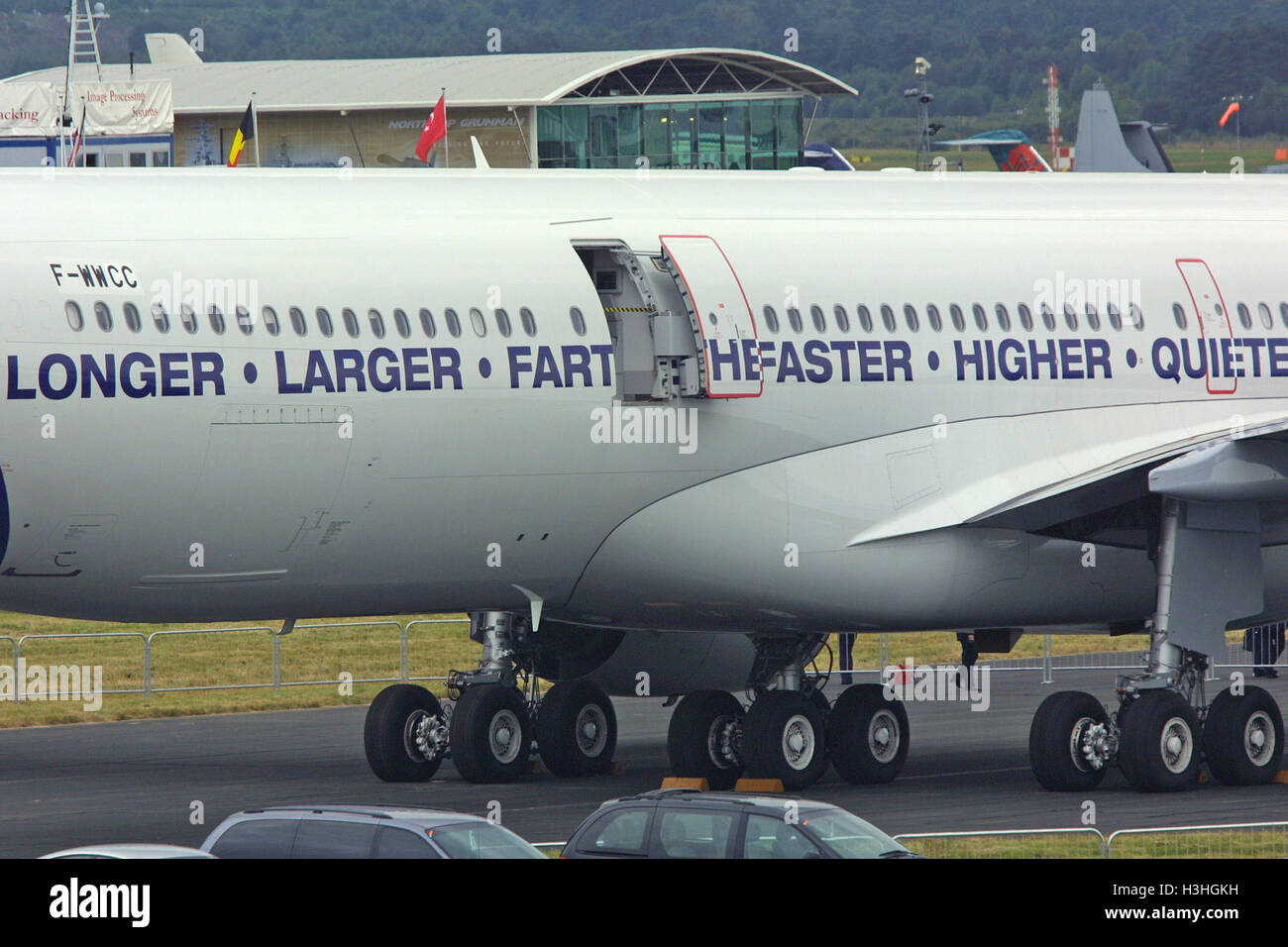 The Airbus advertising guys never imagined somebody might just open a door when they dreamt up this slogan for an A340-600 at the Farnborough Airshow today, July 24th 2002. Stock Photo