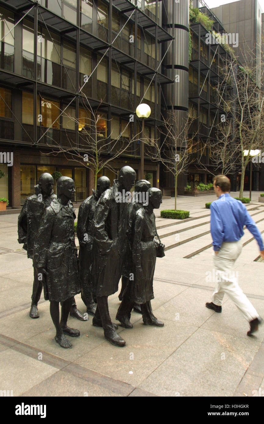 UBS headquarters building in Broadgate London with the statue 'Rush Hour' by George Segal Stock Photo