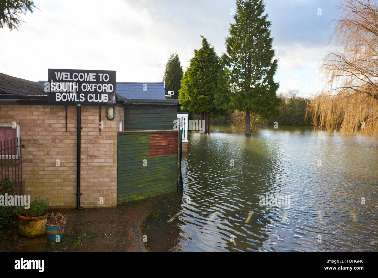 General view of the flooded South Oxford Bowls Club Stock Photo
