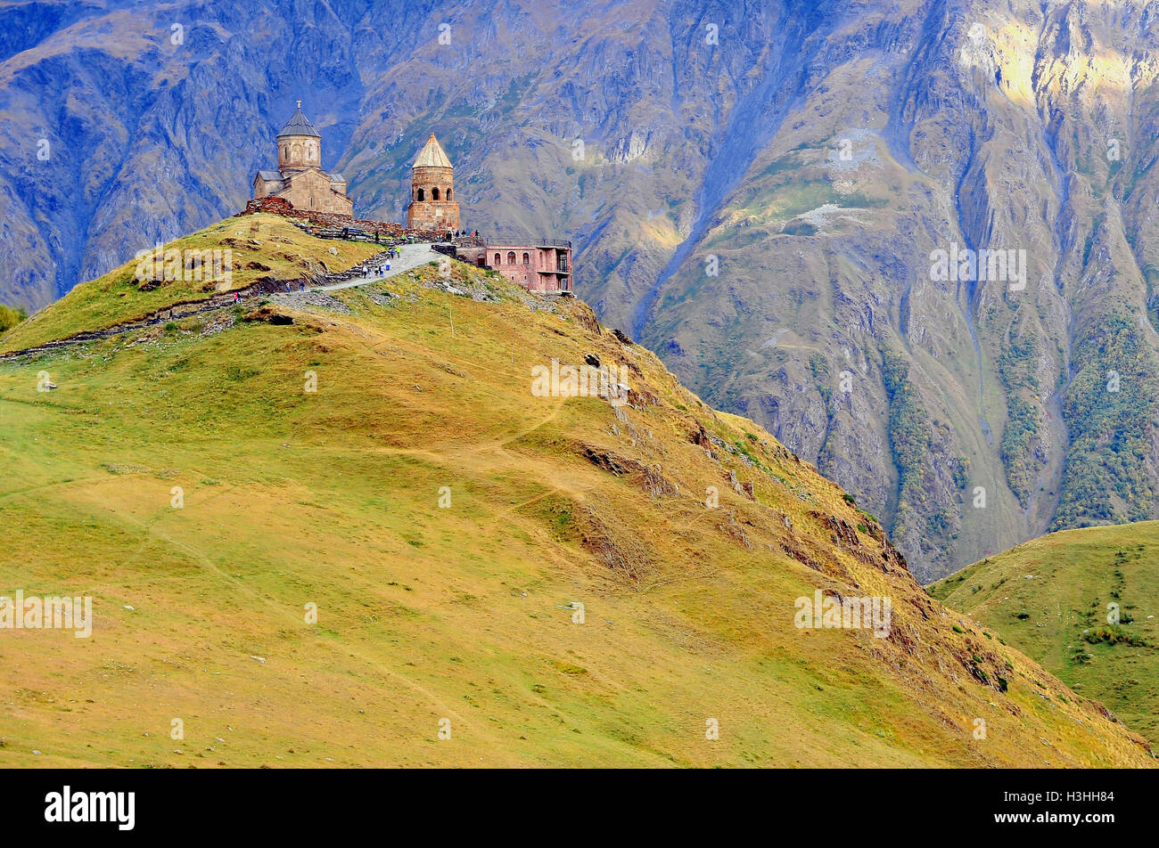 Gergeti church in Kazbegi town, Georgia Stock Photo