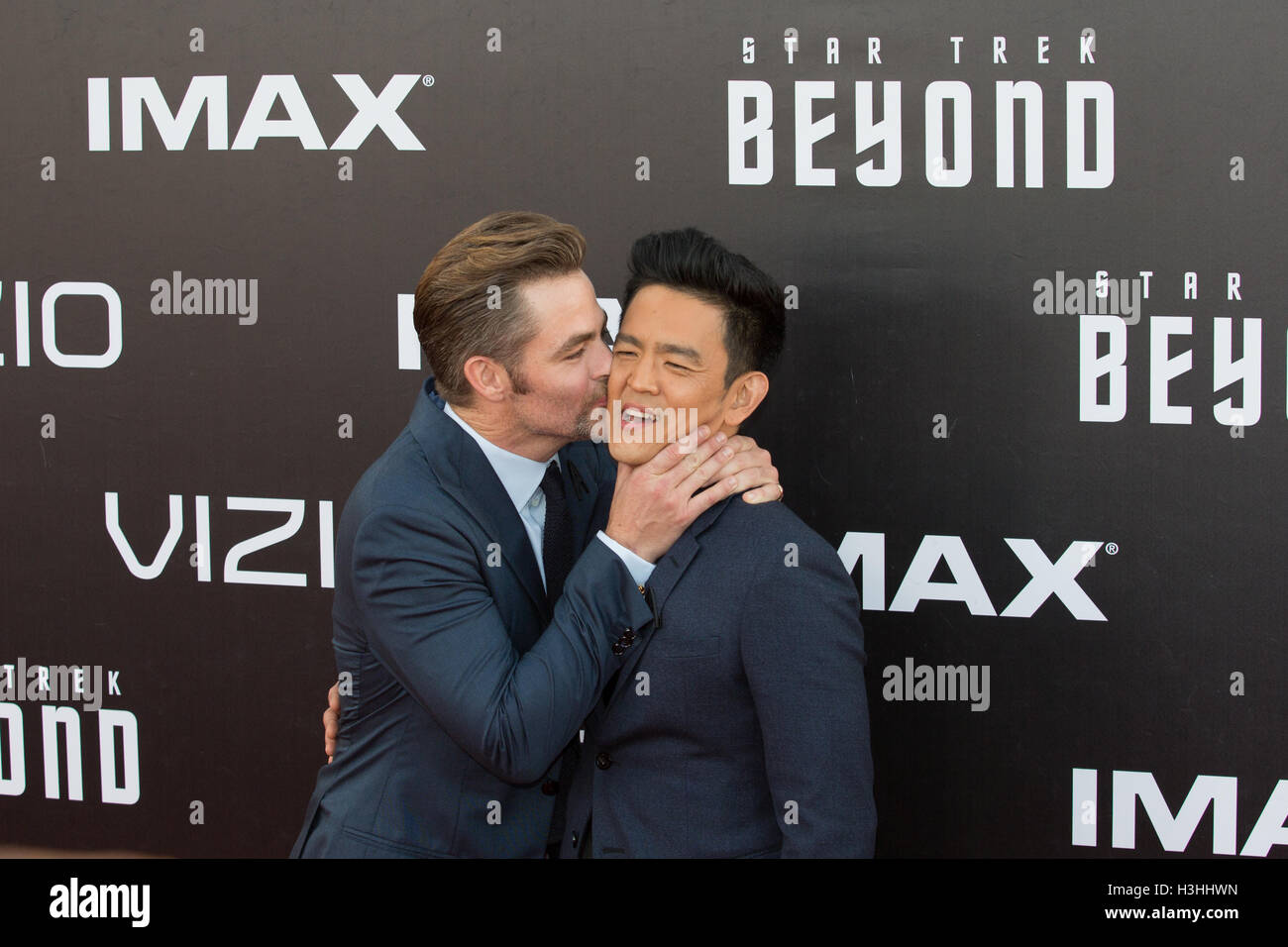 Chris Pine (l) kissing John Cho at Star Trek Beyond World Premier during  San Diego Comic Con at Embarcadero Marina Park on July 20, 2016 in San  Diego, California Stock Photo - Alamy