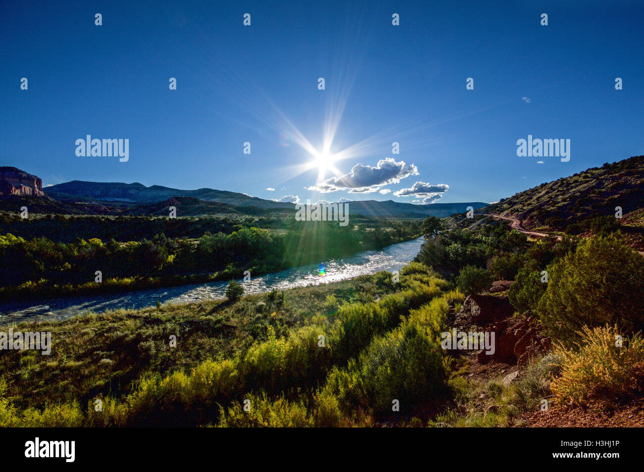 Sunset on the Rio Chama in northern New Mexico, USA, en route to the Monastery of Christ in the Desert. Stock Photo