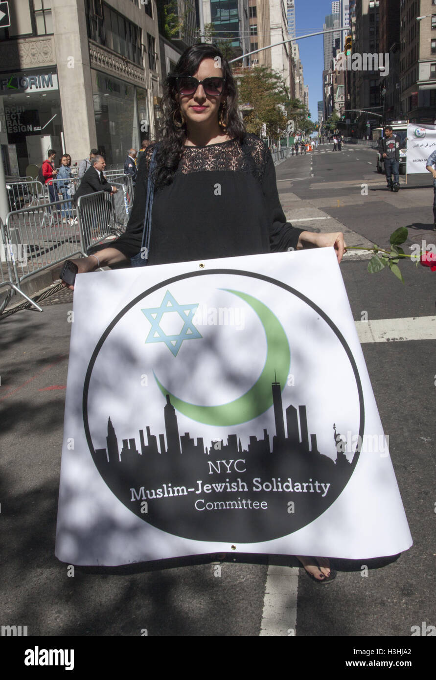 United American Muslim Day Parade on Madison Avenue in New York City. Jewish woman from Muslim-Jewish solidarity committee. Stock Photo