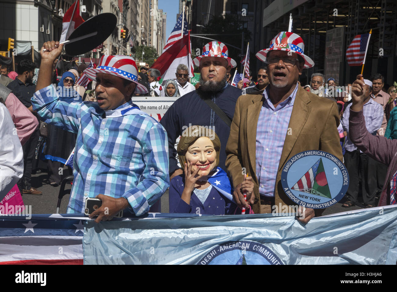 United American Muslim Day Parade on Madison Avenue in New York City. Bangladeshi Americans march in the parade expressing their love and patriotism towards America. Stock Photo