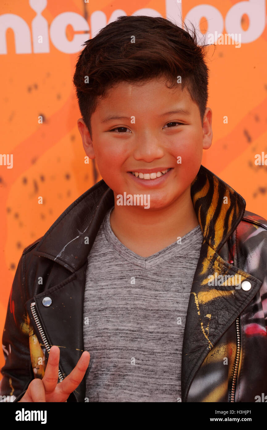 Actor Ty Waters arrives at Nickelodeon 2016 Kids' Choice Sports Awards orange carpet at UCLA's Pauley Pavilion on July 14, 2016 in Los Angeles, California. Stock Photo