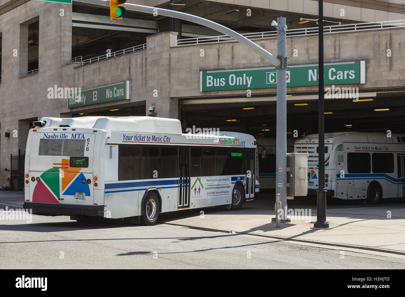 A Nashville MTA bus enters the Music City Central bus station in Nashville, Tennessee. Stock Photo