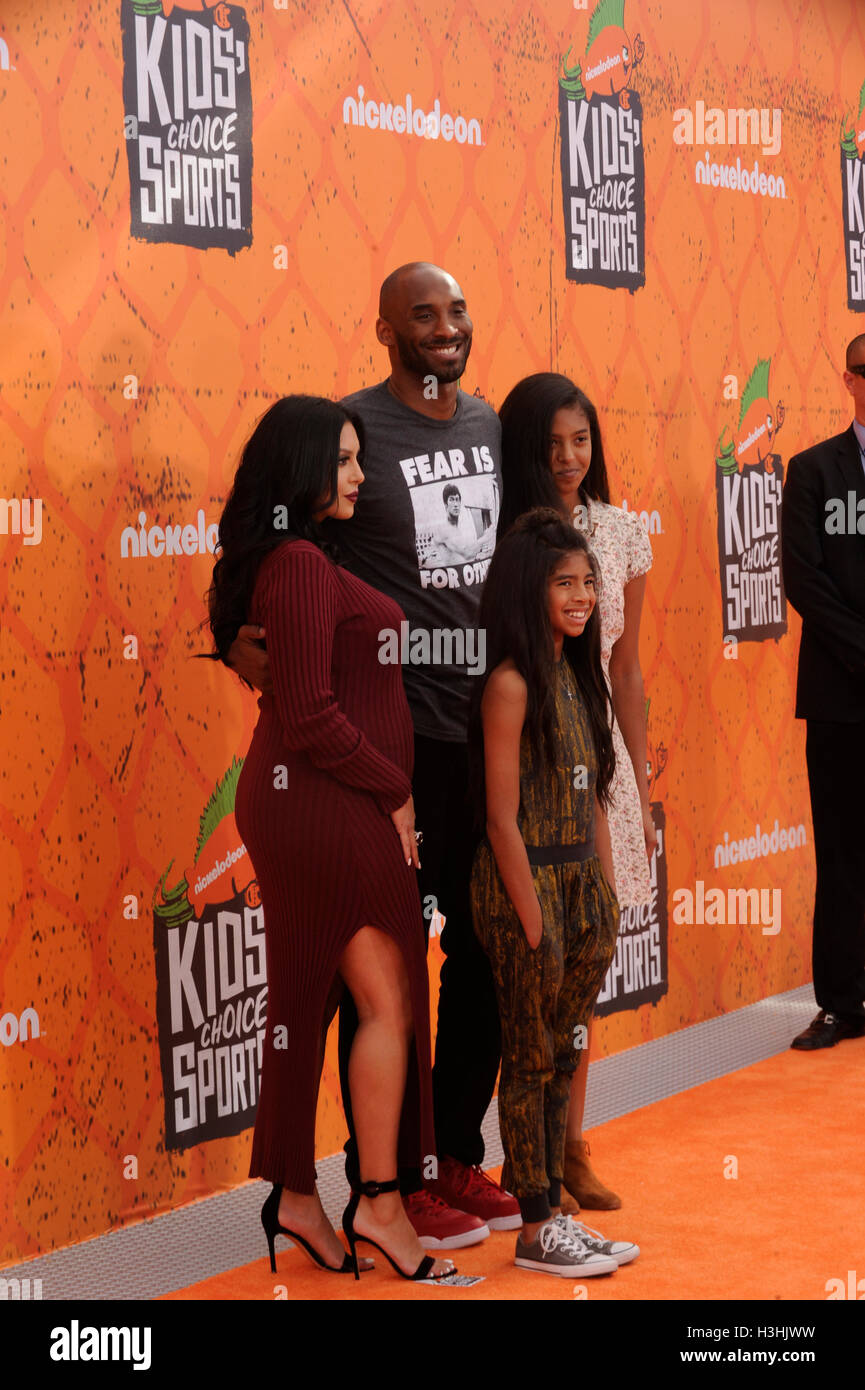 Retired NBA basketball player and Legend Award recipient Kobe Bryant, wife Vanessa Bryant, daughters Gianna 'Gigi' Bryant and Natalia Bryant arrive at Nickelodeon 2016 Kids' Choice Sports Awards orange carpet at UCLA's Pauley Pavilion on July 14, 2016 in Los Angles, California. Stock Photo