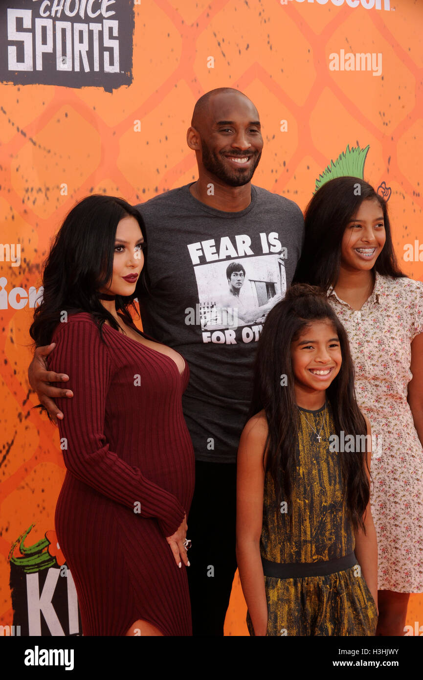 Retired NBA basketball player and Legend Award recipient Kobe Bryant, wife Vanessa Bryant, daughters Gianna 'Gigi' Bryant and Natalia Bryant arrive at Nickelodeon 2016 Kids' Choice Sports Awards orange carpet at UCLA's Pauley Pavilion on July 14, 2016 in Los Angles, California. Stock Photo