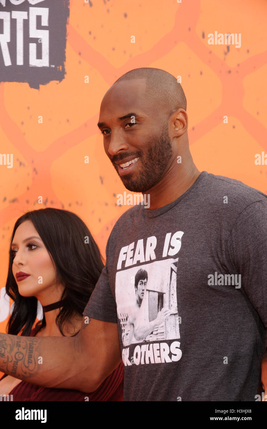 Retired NBA basketball player and Legend Award recipient Kobe Bryant arrives at Nickelodeon 2016 Kids' Choice Sports Awards orange carpet at UCLA's Pauley Pavilion on July 14, 2016 in Los Angeles, California. Stock Photo