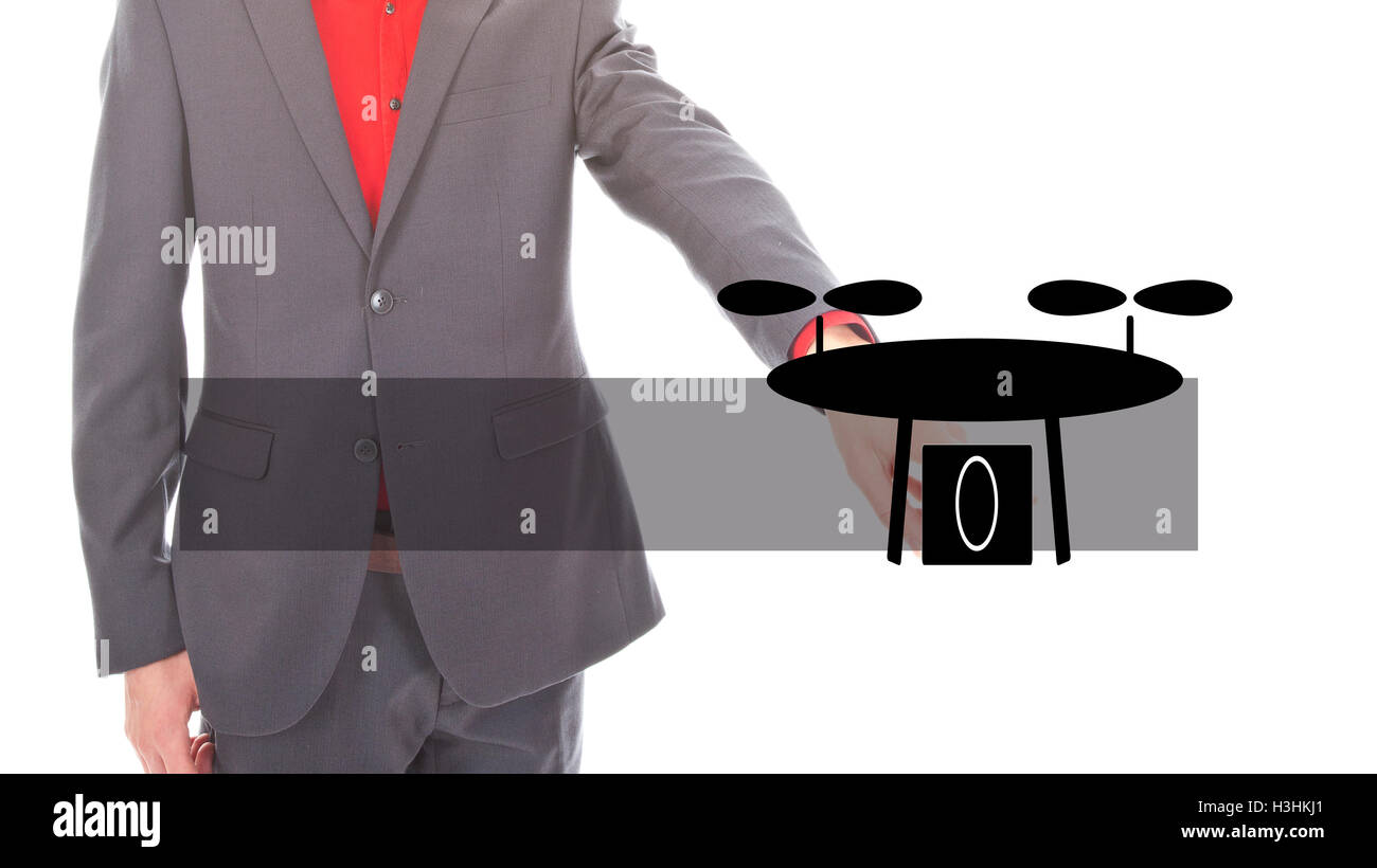 Young business man with illustration of black drone on white background Stock Photo