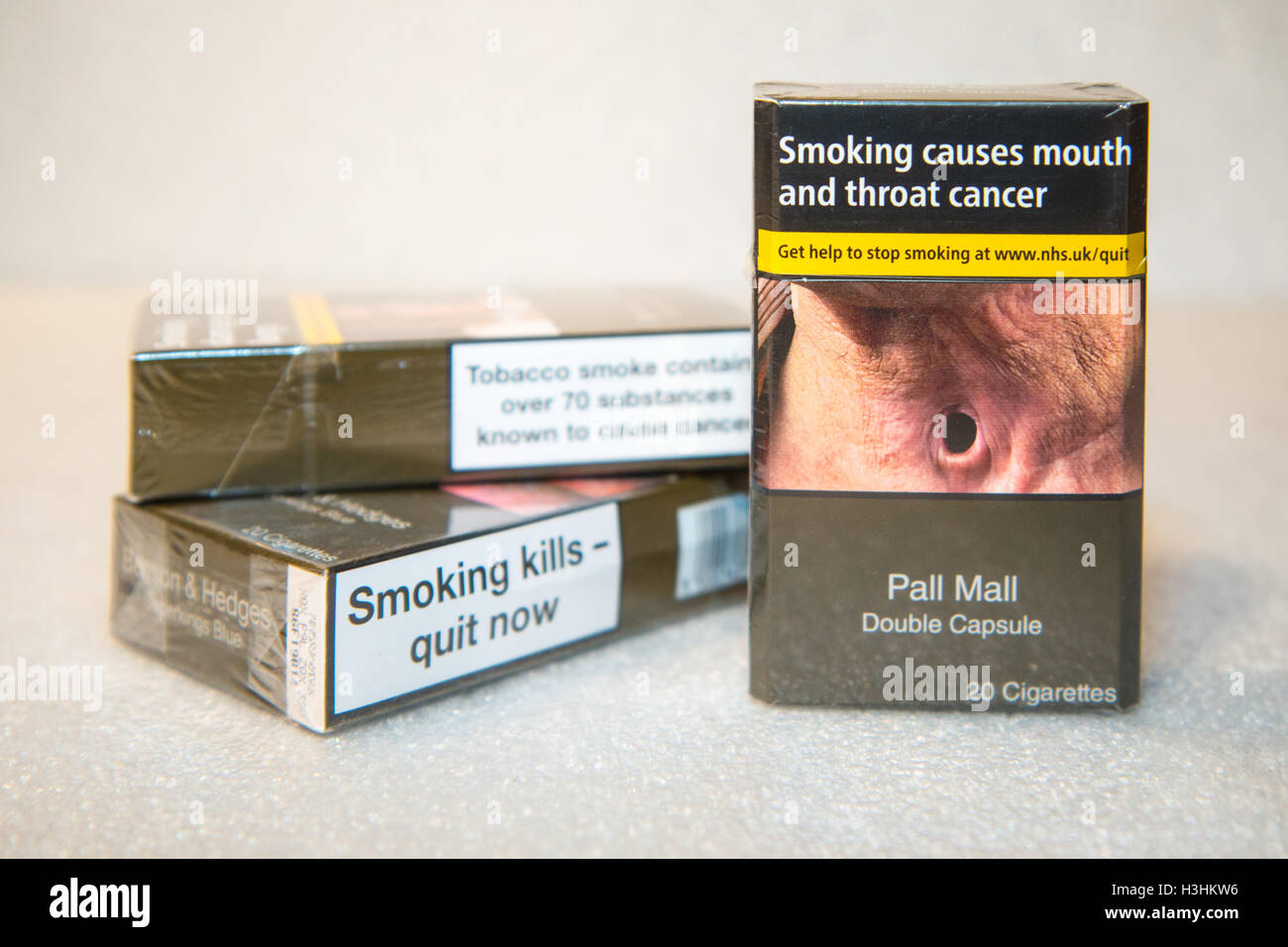 Some of the first UK standardised (plain) packs of cigarettes to appear in shops Stock Photo