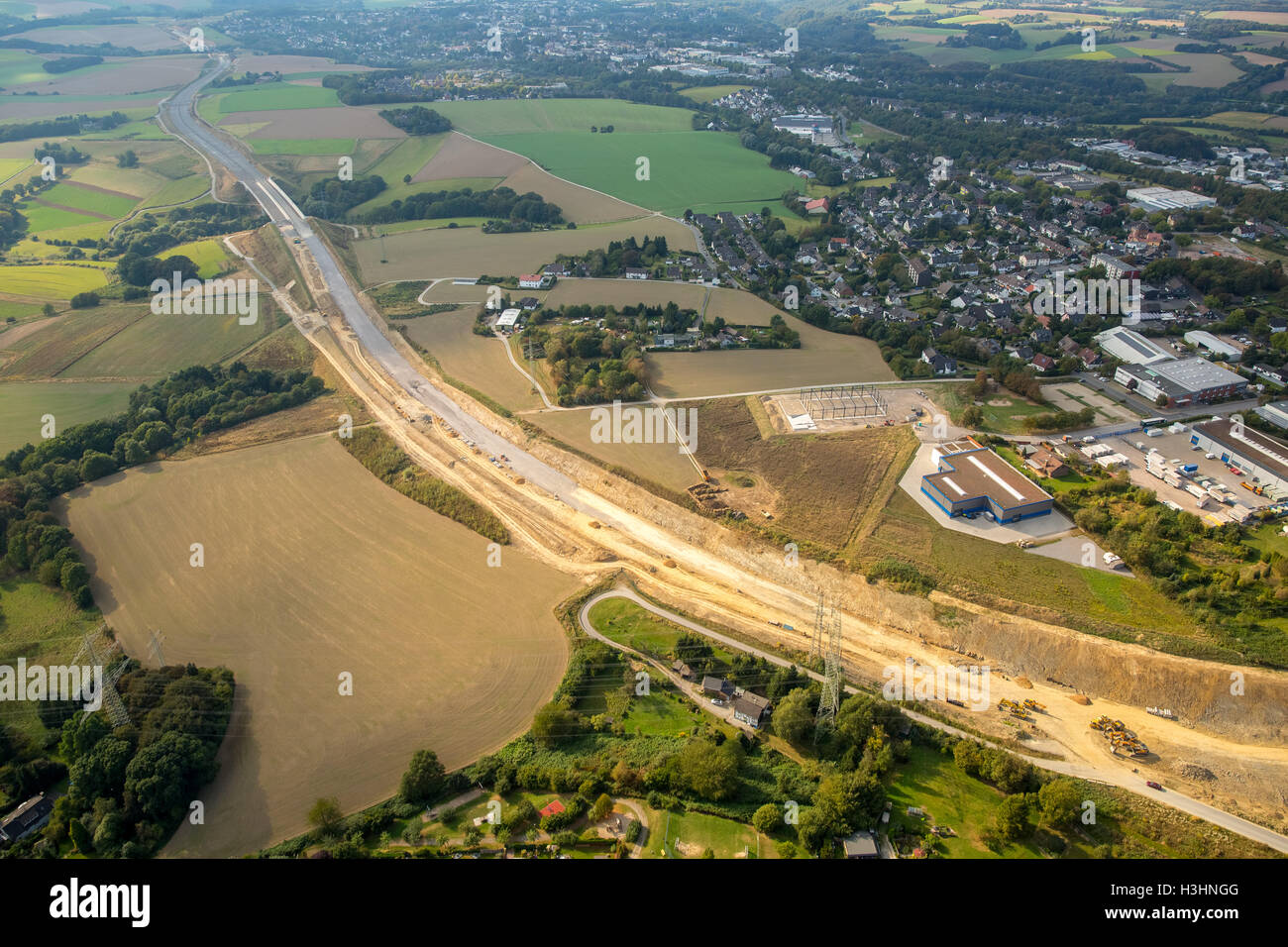 Aerial view, A44 extension between Velbert and Heiligenhaus, highway construction, Velbert, Ruhr area, North Rhine-Westphalia, Stock Photo