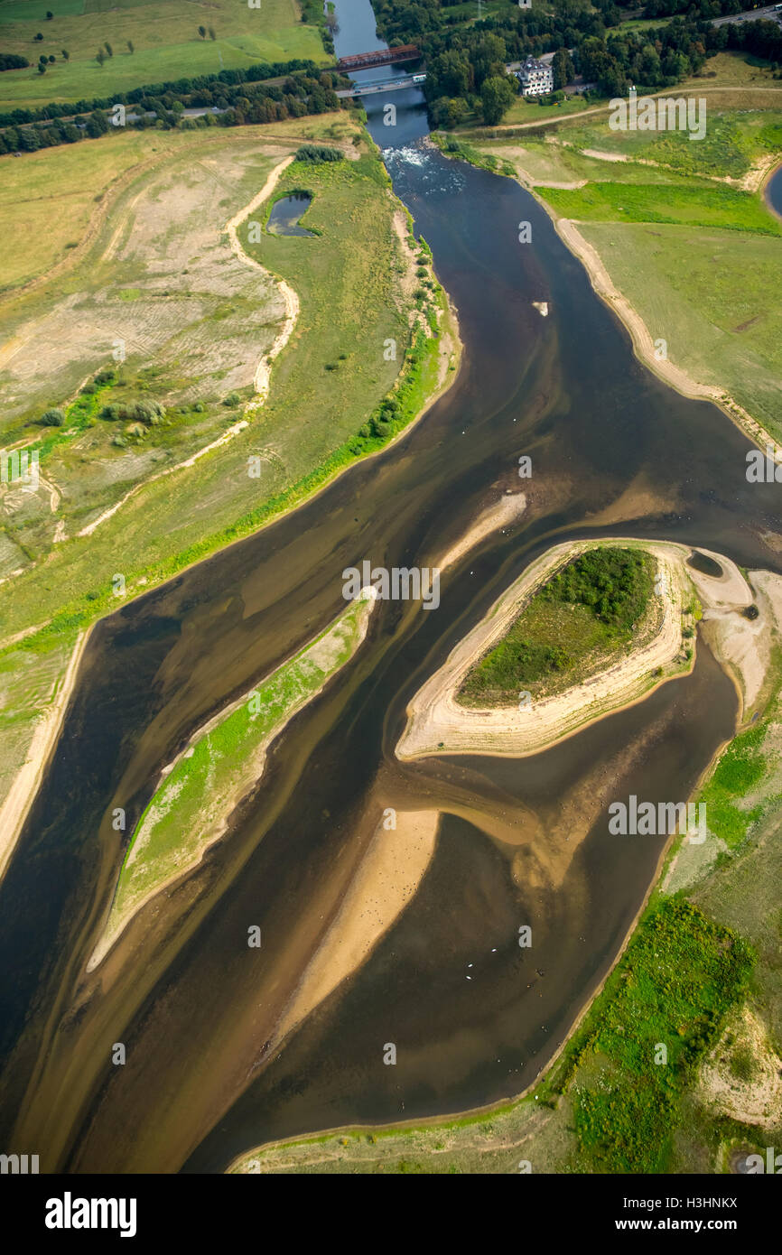 Aerial picture, Lippe mouth, Lippe mouth delta, Lippe rebuilding, The Lippe River, sandy benches, the Rhine, Wesel, Ruhr area, Stock Photo