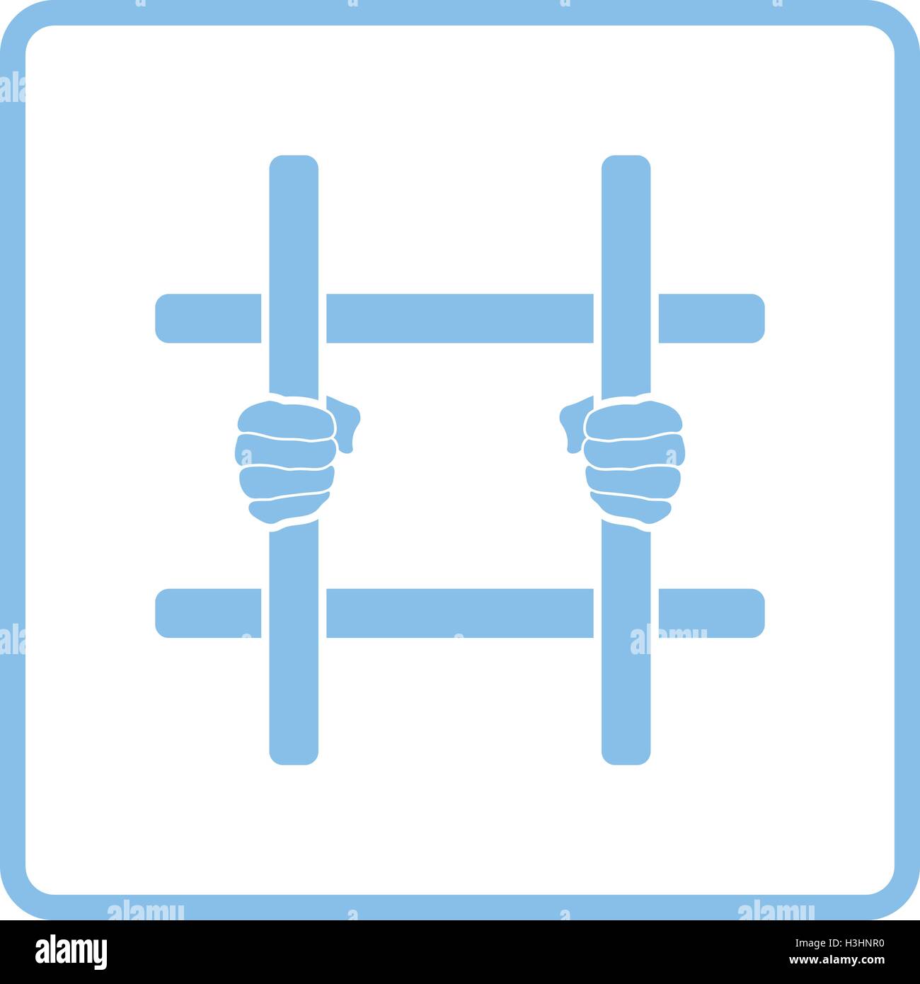 Hands holding prison bars icon. Blue frame design. Vector illustration. Stock Vector