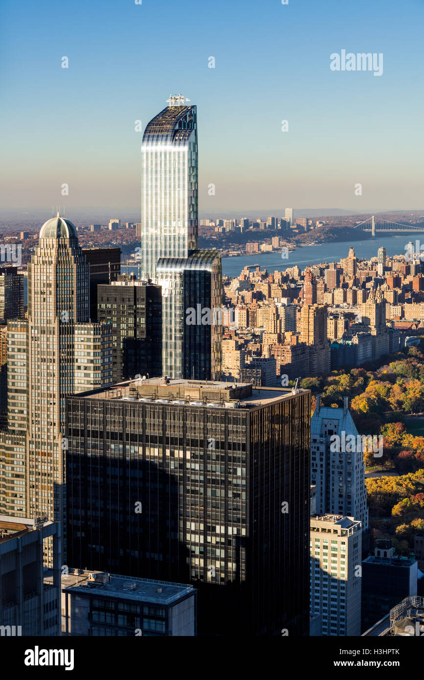 Aerial autumn view of Midtown and Upper West Side skyscrapers with Central Park and the Hudson River. Manhattan, new York City Stock Photo