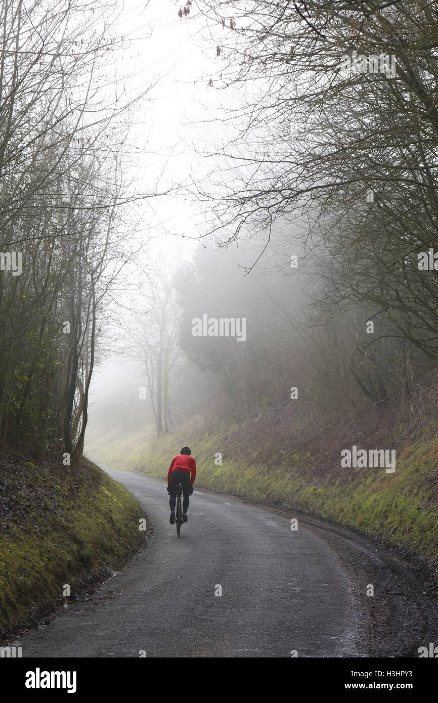 Lone cyclist climbs country lane on misty winters morning up Gallows Down to Walbury Hill, the highest point in SE England. Stock Photo